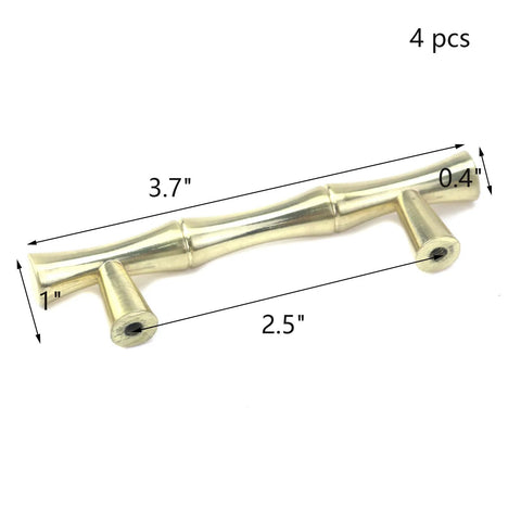 Set Of Four Bamboo Shape Cabinet Pulls In Brushed Gold Finish With Center Hole 2.5 Inches Including Screws 3.7 Inch Total Length Durable Zinc Alloy