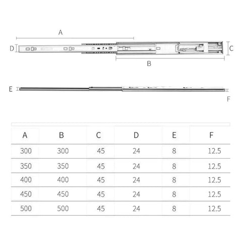Technical diagram of Soft Close Drawer Slides With No Fuss 3 Fold Full Extension Telescopic Rails And Damping Buffer, 400mm.