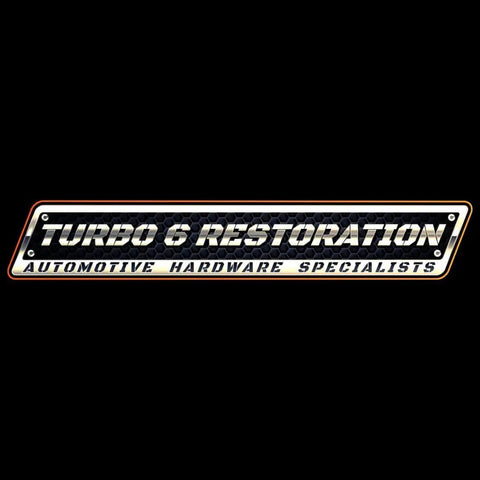 Turbo 6 Restoration automotive hardware specialists logo featuring bold text on a black background.