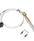 Water heater thermopile with white insulated cable, red lead, black connector; brass threaded adapter and metal probe.