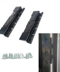 Set of black aluminum RV door hinges with screws, part of Rock Solid Aluminum RV Door Hinges Complete Replacement Kit for easy installation.