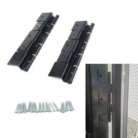 Set of black aluminum RV door hinges with screws, part of Rock Solid Aluminum RV Door Hinges Complete Replacement Kit for easy installation.