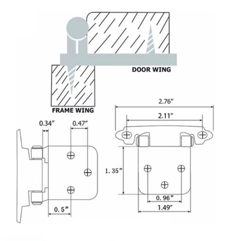 Diagram of Spring Hinges for Cabinets Black 4 Pack Overlay Hinges with Self Closing Action featuring dimensions and mounting details.