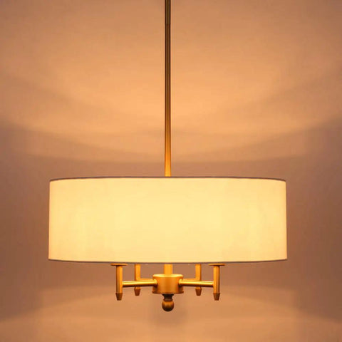 4 Light Gold Modern Drum Chandelier With White Linen Shade 17.7 Inch Pendant Light Fixture For Dining Room Living Room Foyer Kitchen Antique Brass Finish A True Statement Piece hanging on a rod