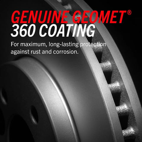 Brake rotor disc with Genuine Geomet 360 coating; close-up metal finish