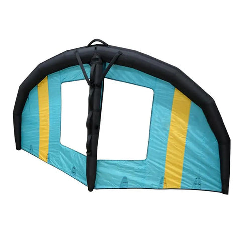 Inflatable Wing Surfboard With 5 Meter Handheld Wing Foil Kite Window For Windsurfing Kiteboarding And Board Sports, blue and yellow design.