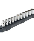 Heavy Duty Socket Set For Half Inch Drive, SAE, 12 Point Box End, 11 Piece, Corrosion Resistant, sockets on rack