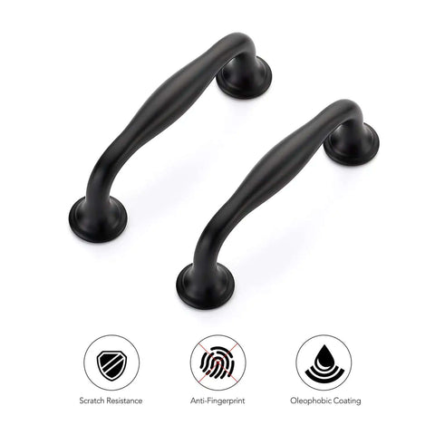 Modern Matte Black Cabinet Handles And Solid Pulls With 3 Inch Span Perfect For Kitchen Drawers Hella Sleek Design Easy Install Includes Hardware Upgrade Your Digs Today 10 Pack close-up view highlighting smooth design and scratch resistance.