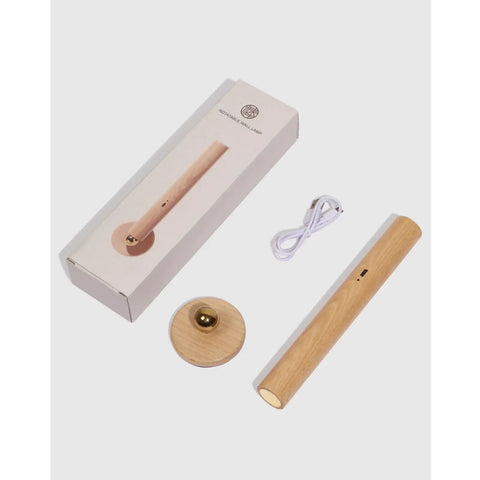 Cordless Beech Wood 360 Degree Rotatable LED Wall Lamp Sconces Set packaging, lamp, base, and USB cable on gray background
