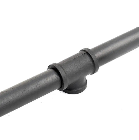 Solid As A Rock 16 Foot Black Industrial Pipe Handrail Wall Mounted Railing For Indoor Stairs Built Dead Nuts Strong With Sleek Vintage Metal Look showing pipe connection detail.