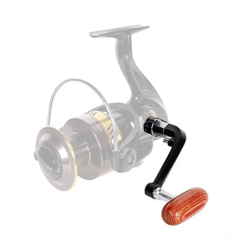 Premium Metal Folding Fishing Reel Handle Kit With Rocking Arm And Hardwood Knob Auto Fold Design For Compact Storage Fits 1000-4000 And 5000-6000 Models Secure Grip Perfect Upgrade For Serious Anglers black metal reel handle with hardwood knob shown installed on spinning reel