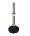 Heavy Duty Adjustable Leveling Feet With Premium Rubber Boots Rock Solid Carbon Steel Machine Legs To Kill The Shake Quick Threaded Base Stabilizers on a black rubber base.
