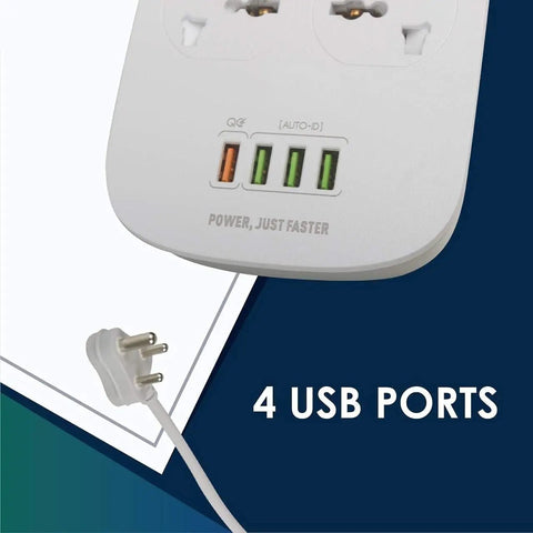 Close-up of Built Tough Smart Surge Protector Power Strip with four USB Type A ports and two AC sockets.