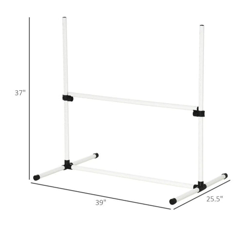 Indoor Outdoor Dog Agility Jump Set With 4 Bar Hurdles showing dimensions 37" height, 39" width, made of white material.