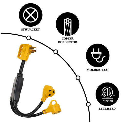 RV Power Adapter Cord 50A Male To Dual 30A Female, 2.5 Foot With Handy Grip Handle, showing copper wire and molded plug details.