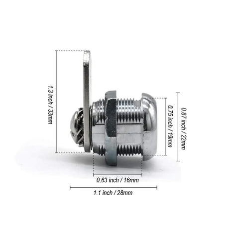 Side view of Four Pack Five Eighth Inch Tubular Cam Locks Keyed Alike With Chrome Finish for Vending Machines, showing measurements.