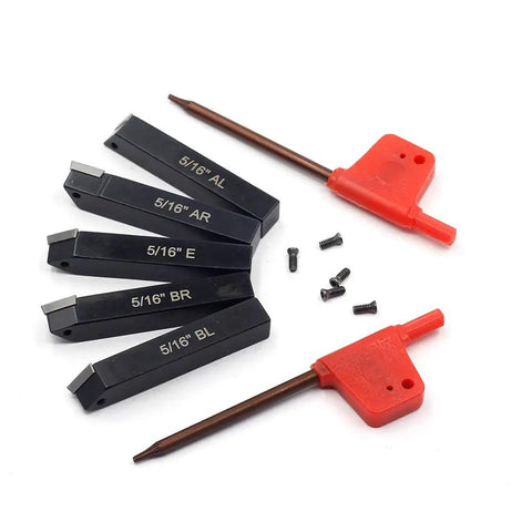 Five Sixteenth Inch Mini Lathe Indexable Carbide Turning Tool Holder Kit with TCMT090204 Inserts, AL AR BL BR E Holders