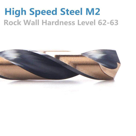 Twist drill bit, close-up view, gold and black coated, 17/64 inch diameter, HSS