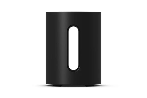 Front view of Sub Mini Compact Wireless Subwoofer For Beam And Ray, sealed cabinet, black finish, with dual custom woofers.