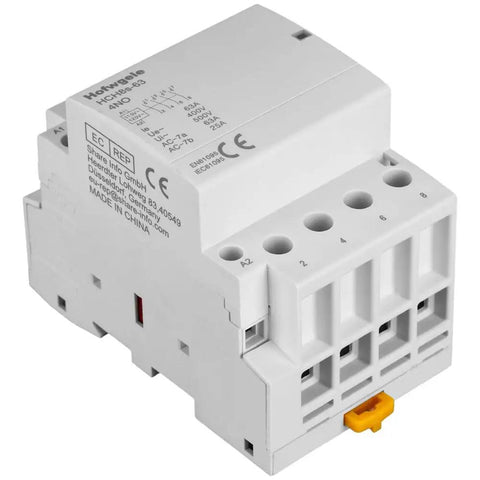 4 Pole 63A AC Contactor With 110V 120V Coil 4NO Contacts 230V Ue 500V Ui 35mm DIN Rail Mount, side view showing terminals and labels.