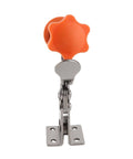 Vertical Toggle Clamp in Stainless Steel, heavy-duty hold-down tool with orange non-slip grip for woodworking and cabinetry use.