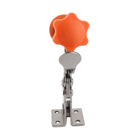 Vertical Toggle Clamp in Stainless Steel, heavy-duty hold-down tool with orange non-slip grip for woodworking and cabinetry use.