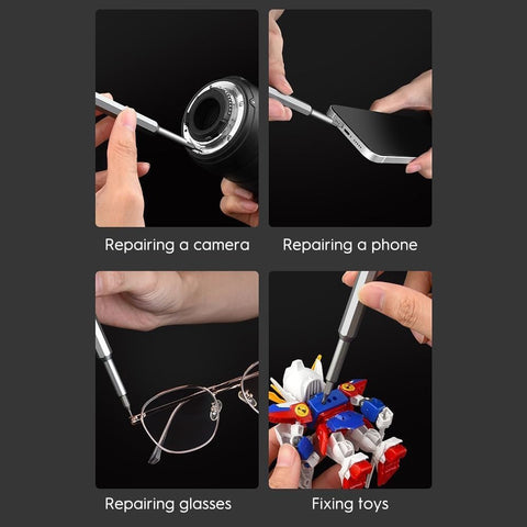 Using 24-In-1 Precision Screwdriver Set For Quick Fixes on camera, phone, glasses, and toy with magnetic bits.