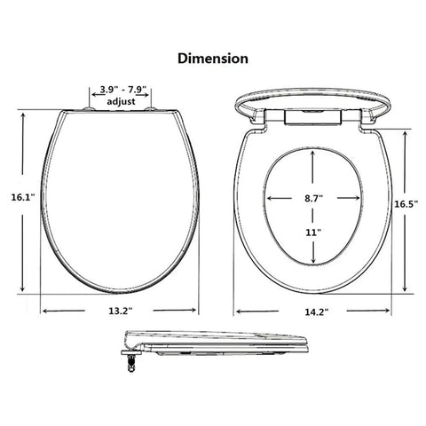 Dimension diagram for Heavy Duty Resin Toilet Seat With Lid Boasting Vivid 3D Ocean Details And Smooth Shell Motifs.