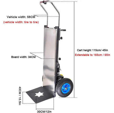 This Bad Ass Electric Stair Climber Is A Total Game Changer For Moving Heavy Gear Like Pros On Curved Or Straight Stairs With 2000W Motor And 48V Battery, showing detailed dimensions and features.