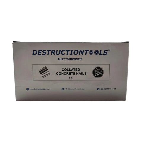 Image of Destructiontools box containing 1000-Pack 16mm Collated Concrete Nails For BX3 Cordless Nailer, labeled for use with concrete.