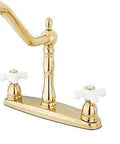 Heritage 8 Inch Centerset Kitchen Faucet in Polished Brass with Brass Sprayer; four-hole installation, vintage look