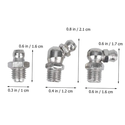 Three metric zerk fittings from Grease Fitting Kit 45 Piece Metric Zerk Assortment For Easy Lubrication With Straight And 90 Degree Fittings.