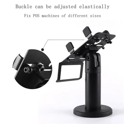 Adjustable POS Card Reader Stand With Clip On Base Pro Grade Non Slip Mount For Cashier Desks shown with elastic buckle