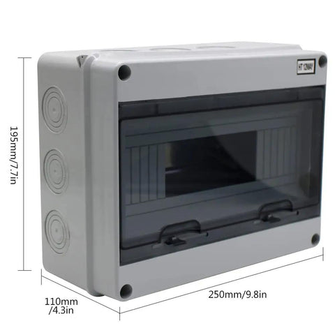 Heavy Duty Abs Distribution Box For Circuit Breaker 12 Way in grey, dimensions 250x195x110mm, durable electrical enclosure.
