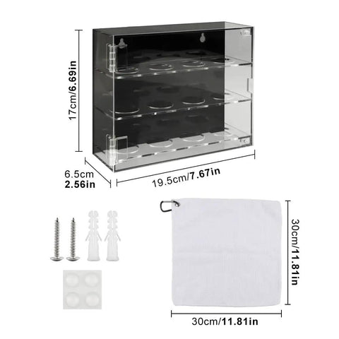 3 Tier Acrylic Golf Ball Display Case With 12 Compartments, Wall Mount Or Desktop Showcase, dimensions and cleaning cloth shown