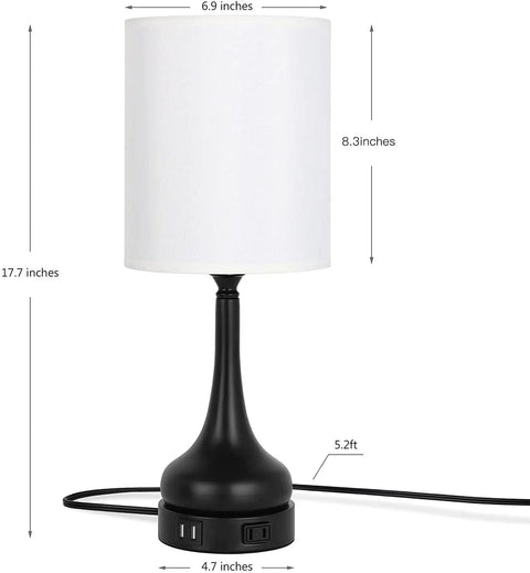 Touch Control Bedside Lamps Set Of 2 With 3-Way Dimming, USB Ports And AC Outlet, LED Bulbs Included, Modern Black Metal Base