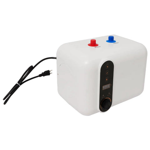 2.6 Gallon Electric Mini Tank Water Heater Equipped With Solid Stainless Steel Core For Compact Under Sink Placement Quick Warm Water Relief In Kitchens Or Rvs Featuring No Sweat Setup And Plug And Play Wiring showing control panel and electrical plug.