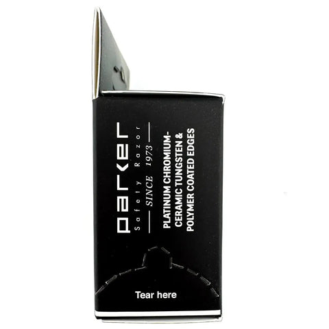 Side view of Pro-Grade Platinum Double Edge Safety Razor Blades 100 Count Salon Pack box with text on coating materials.