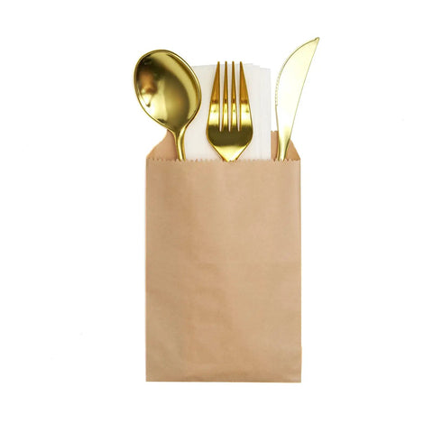 Brown paper bag with gold cutlery, 100 Pack Mini Natural Kraft Paper Bags 3x5 Inches For Bakery Cookies Treats Snacks Popcorn Gift Bags