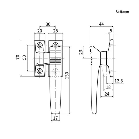 Technical drawing of Left Hand Zinc Alloy Kitchen Steamer Cabinet Handle Lock with dimensions