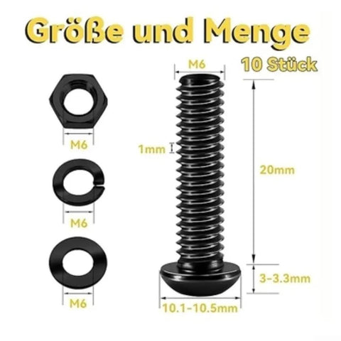 Grab Badass M6 Hex Socket Cap Screw Kit Black Alloy Steel with Nuts and Washers showing measurements and components.