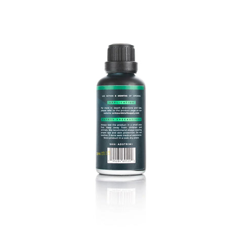 Armour Detail Supply Trim+ exterior plastics restorer bottle, 50 ml, front view with black cap and teal label.