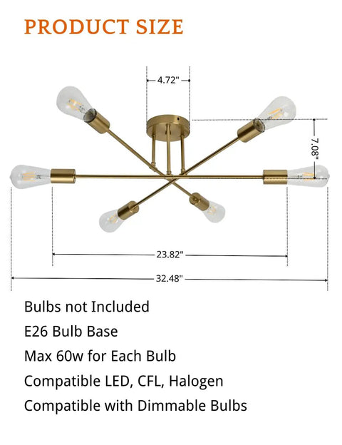 Modern Sputnik Ceiling Light Fixture With Gold Finish for Bedroom Kitchen Dining And Living Room dimensions