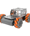 Mecanum wheel chassis car kit, angled front view, aluminum frame and orange roller wheels