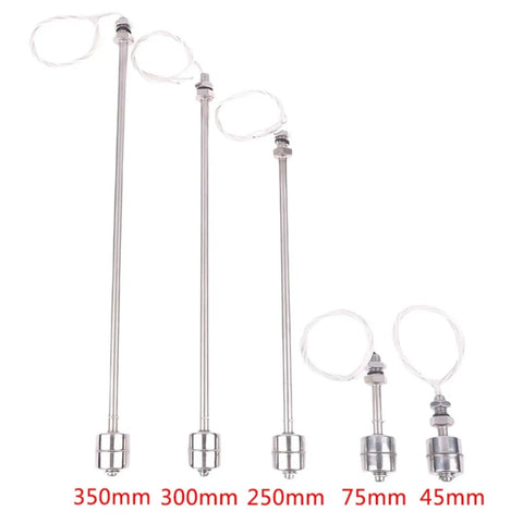Plug And Play Float Switch Liquid Level Sensor 300mm Stainless Steel For Water Tanks And Pools Double Ball Float Sensor, shown with 350mm to 45mm sizes