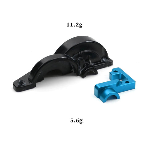 TT02 Aluminum Open End Gearbox Cover For One Tenth RC Car Upgrade shown in black and blue parts weighing 11.2g and 5.6g