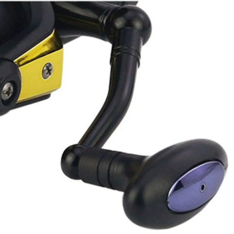 Close-up of handle on Saltwater Spinning Reel With Carry Bag For Travel Anti Corrosion Coating Heavy Duty 9Kg Drag.