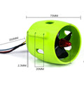 Underwater RC Thruster Motor 12V To 24V 20A Four Blade CW CCW Propeller for DIY RC Boat, green casing, dimensions labeled.