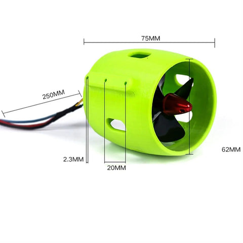 Underwater RC Thruster Motor 12V To 24V 20A Four Blade CW CCW Propeller for DIY RC Boat, green casing, dimensions labeled.