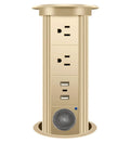 Motorized Pop Up Power Outlet With Fast Charge Usb Ports Sleek Retractable Desktop Socket For Home Offices And Counters Smooth Drop Down Action, gold metal housing with 3 outlets and 2 USB ports.